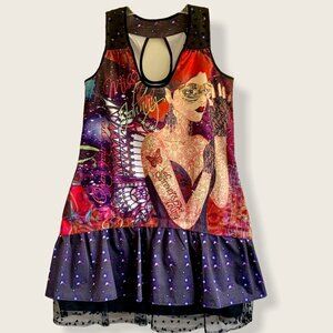 Bohemian Tattoo Henna Lady Art Club Sleeveless Dress Tunic, Unique Ruffle Hem‍‍﻿